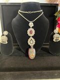 Silver-tone long statement necklace set with jhumka earrings